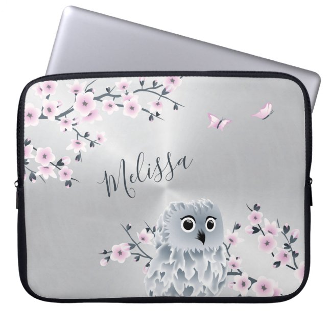 Protection Pour Ordinateur Portable Chouette mignonne Monogramme d'argent rose (Devant)