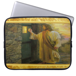 Protection Pour Ordinateur Portable Christ frappe sur une porte Patinée en bois or