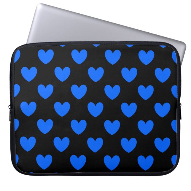 Protection Pour Ordinateur Portable Coeurs polka bleu sur noir (Devant)