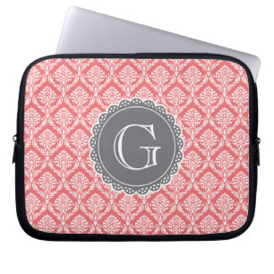 Protection Pour Ordinateur Portable Corail Floral Damask Patte Gris Monogramme