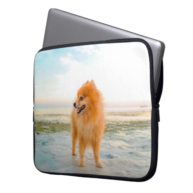 Protection Pour Ordinateur Portable Cute Orange Pomeranian sur la plage (devant gauche)