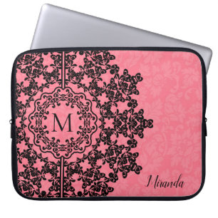Protection Pour Ordinateur Portable Dentelle florale noire rose Damas Monogramme