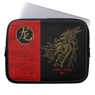 Protection Pour Ordinateur Portable Dragon d'or sur Noir et Rouge - Personnalisé