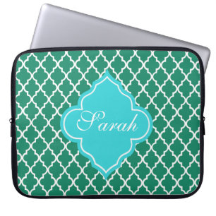 Protection Pour Ordinateur Portable Élégant monogramme vert et turquoise de quatrefoil
