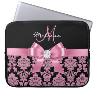 Protection Pour Ordinateur Portable Elégant, parties scintillant rose noir Damas, Bow,