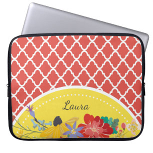 Protection Pour Ordinateur Portable Fiesta Rouge Floral Quatrefoil d'été avec nom
