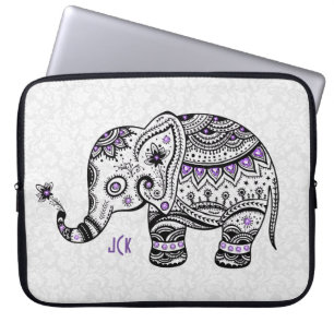 Protection Pour Ordinateur Portable Fleurs rétro & Diamants Eléphants Violets