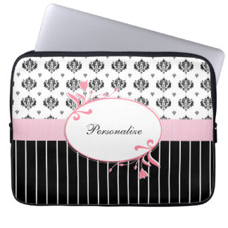 Protection Pour Ordinateur Portable Floral rose chic de damassé noire et blanche avec