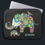 Protection Pour Ordinateur Portable Forme d'éléphant Fleurs rétro colorées<br><div class="desc">Fleurs colorées rétro en forme sur un éléphant contre un arrière - plan noir. L'éléphant et l'oiseau peuvent être enlevés. Texture diamantée et décorée de clous de diamant (image pas de vrais diamants). Disponible sur d'autres produits.</div>