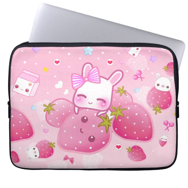 Protection Pour Ordinateur Portable Fraises mignonnes de lapin et de kawaii (Devant)