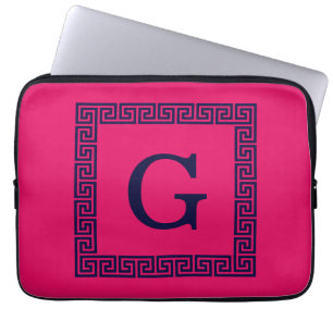 Protection Pour Ordinateur Portable Framboise, Clé grecque bleue marine #1 Monogramme