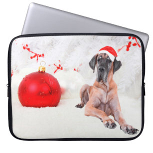 Protection Pour Ordinateur Portable Grand Danois Chapeau Joyeux Noël Rouge Ornement