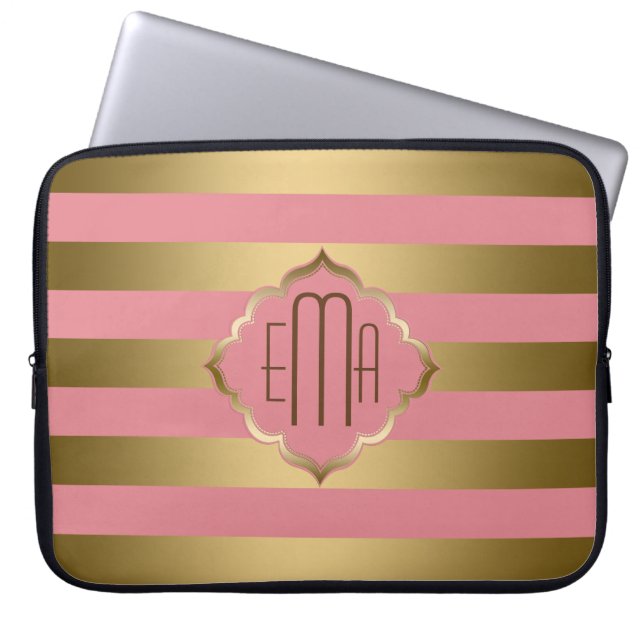 Protection Pour Ordinateur Portable Grilles d'or monogramme et Motif géométrique rose (Devant)