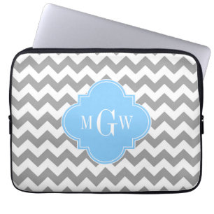 Protection Pour Ordinateur Portable Gris blanc Chevron Sky Blue Quatrefoil 3 Monogramm