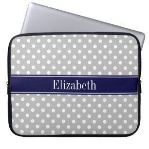 Protection Pour Ordinateur Portable Gris Blanc Pois Marine Nom bleu Monogramme