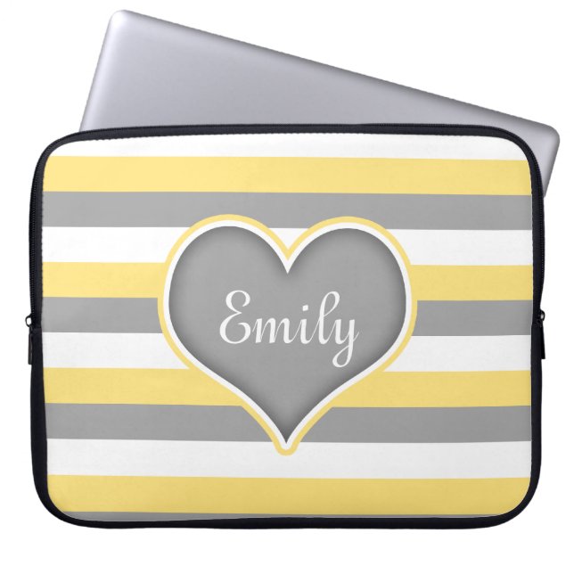 Protection Pour Ordinateur Portable Gris Jaune Blancs & Coeur (Devant)