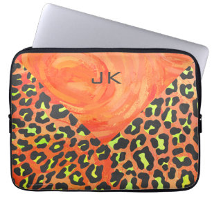 Protection Pour Ordinateur Portable Imprimé Monogramme Léopard Orange et Jaune