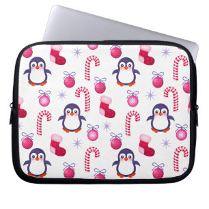 Protection Pour Ordinateur Portable Joli Motif de Noël rose et blanc avec des pingouin