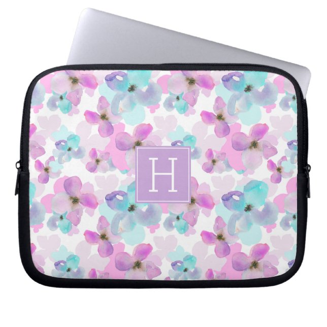 Protection Pour Ordinateur Portable Lavande Aquarelle Fleurs Monogramme (Devant)