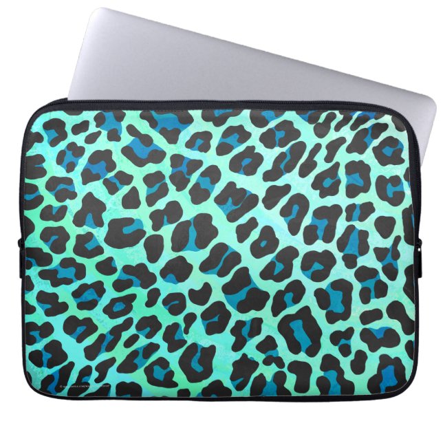 Protection Pour Ordinateur Portable Léopard noir et Turquoise (Devant)