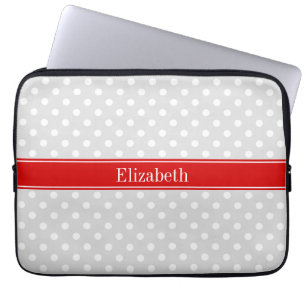Protection Pour Ordinateur Portable Lt Grey Pois blancs Nom rouge Monogramme