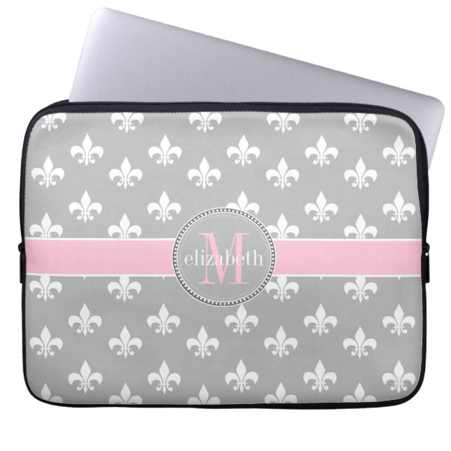 Protection Pour Ordinateur Portable Lt Gris Rose Blanc Fleur de Lis Monogramme (Devant)