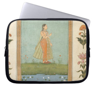 Protection Pour Ordinateur Portable Madame tenant une fleur, se tenant prêt un étang