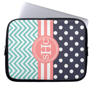 Protection Pour Ordinateur Portable Menthe, marine et pois de corail de Chevron