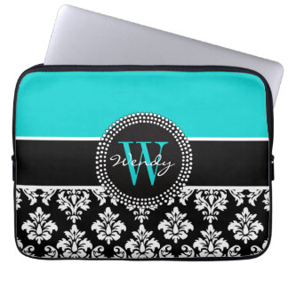 Protection Pour Ordinateur Portable Modèle de damas noir Aqua initial personnalisé