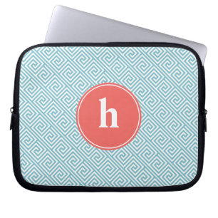 Protection Pour Ordinateur Portable Monogramme à clé grecque Aqua et Coral