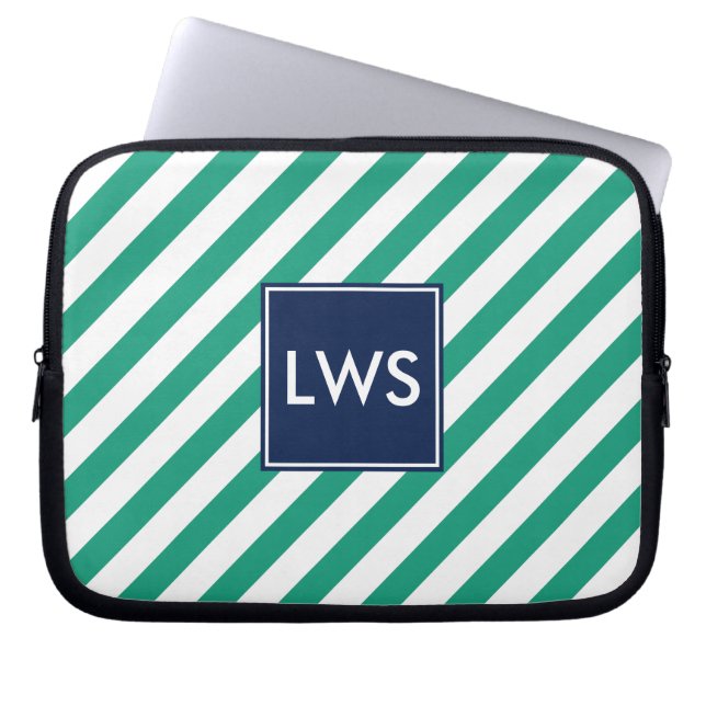 Protection Pour Ordinateur Portable Monogramme à rayures marines vertes (Devant)