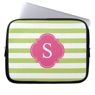 Protection Pour Ordinateur Portable Monogramme à rayures roses et vertes