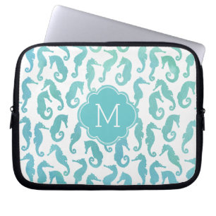 Protection Pour Ordinateur Portable Monogramme Aqua Aquarelle Motif de cheval de mer