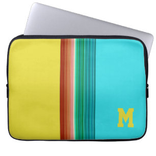 Protection Pour Ordinateur Portable Monogramme bleu jaune Multicolor Motif rayé
