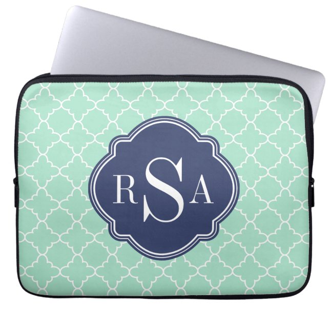 Protection Pour Ordinateur Portable Monogramme bleu Mod Mint Green Trellis (Devant)