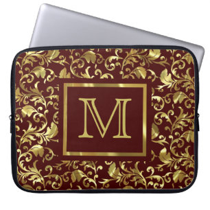 Protection Pour Ordinateur Portable Monogramme Brown Et Or Vintage Floral Damas