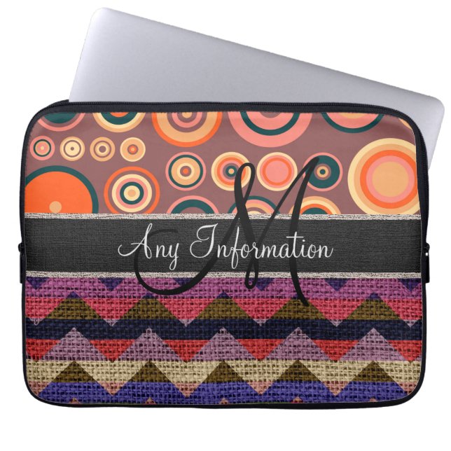 Protection Pour Ordinateur Portable Monogramme Chevron Zigzag Burlap Cercles de jute (Devant)