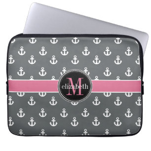Protection Pour Ordinateur Portable Monogramme de Ancres de navire blanc rose gris-gri