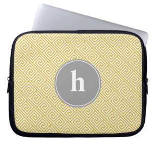 Protection Pour Ordinateur Portable Monogramme de Motif de clé grecque jaune et gris
