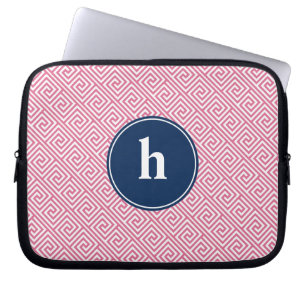 Protection Pour Ordinateur Portable Monogramme de Motif de clé grecque rose et bleu
