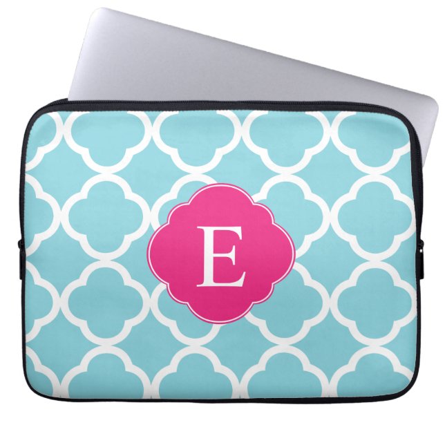 Protection Pour Ordinateur Portable Monogramme de Quatrefoil Rose Bleu (Devant)