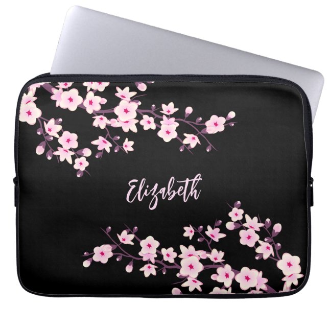 Protection Pour Ordinateur Portable Monogramme Fleur de Cerisier Rose Noir (Devant)