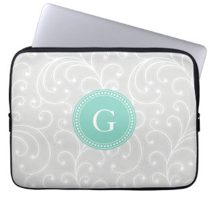 Protection Pour Ordinateur Portable Monogramme floral argenté girly élégant de moti