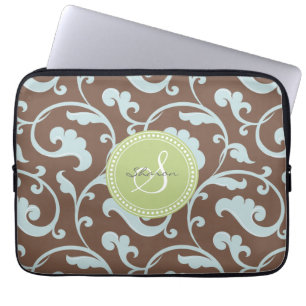 Protection Pour Ordinateur Portable Monogramme floral bleu brun girly élégant de mot