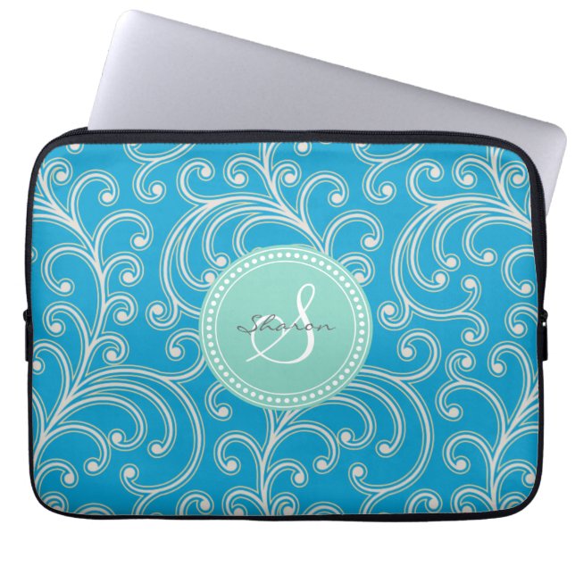 Protection Pour Ordinateur Portable Monogramme floral bleu girly élégant de motif (Devant)
