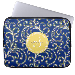 Protection Pour Ordinateur Portable Monogramme floral girly élégant de motif de bleu