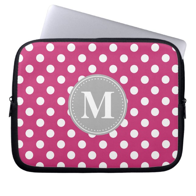 Protection Pour Ordinateur Portable Monogramme gris Pois rose et blanc (Devant)