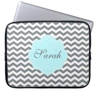Protection Pour Ordinateur Portable monogramme moderne gris-chevron blanc