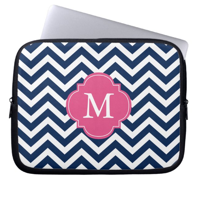 Protection Pour Ordinateur Portable Monogramme Motif Blue & Fuschia Zigzags (Devant)