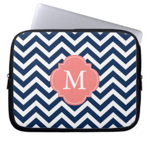 Protection Pour Ordinateur Portable Monogramme Motif Coral & Blue Zigzags